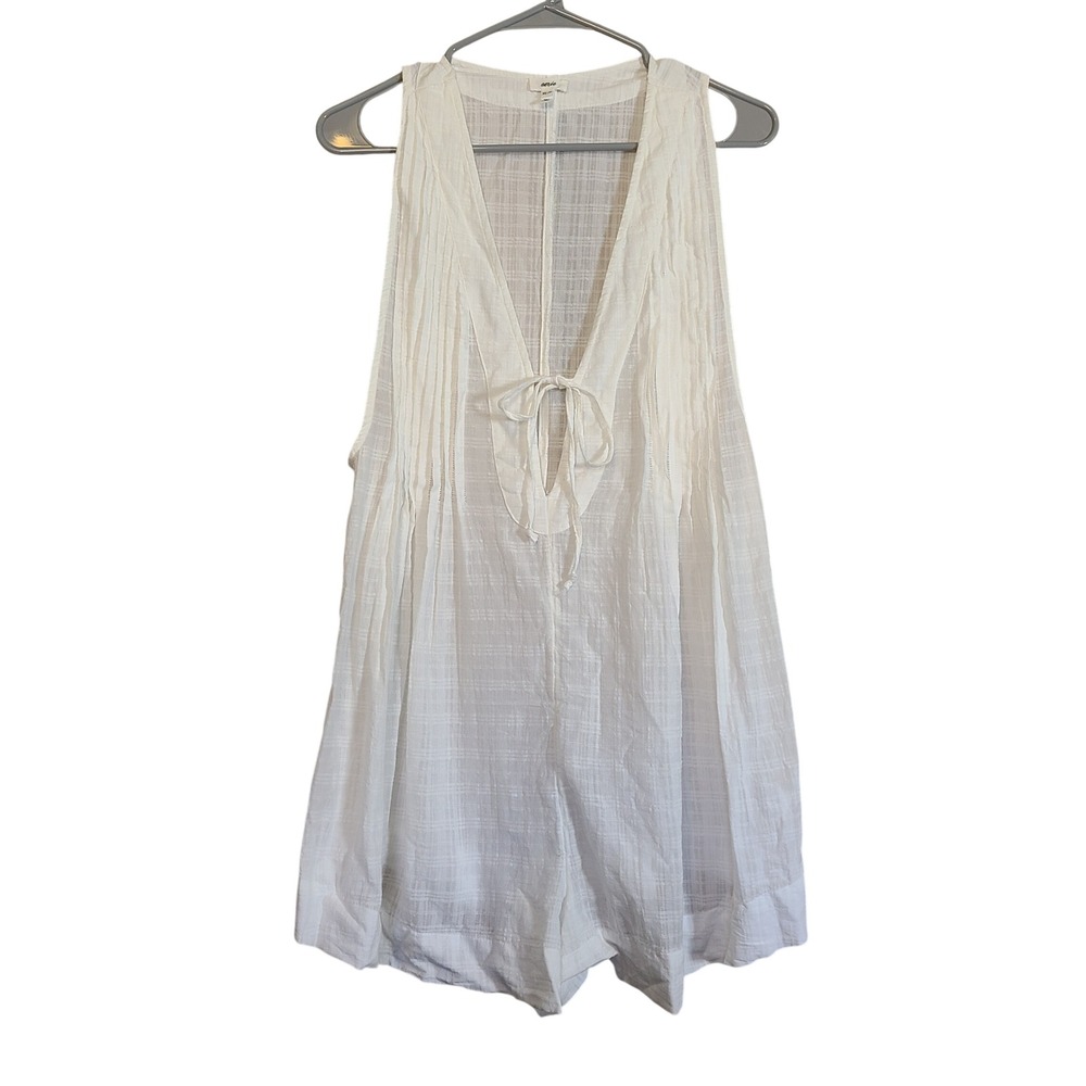 AE Aerie Romper Women XS White Sleeveless Tie Front Pleated Cotton Beach Travel